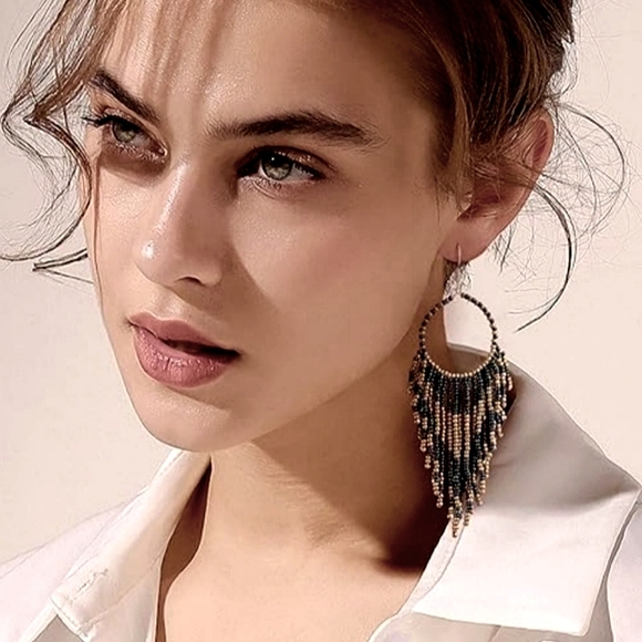 Long 5" White Bronze Oversized Beaded Hoop Earrings Southwestern Boho Hoops New - Picture 4 of 4